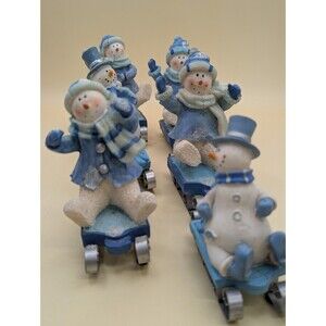 Vintage Resin Snowman Sled Train Figurine Lot 6pc Blue White Christmas AS IS